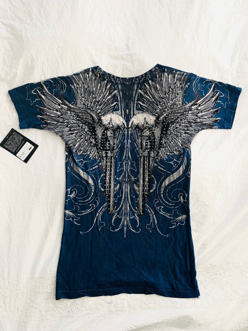 Sinful by Affliction V-Neck 
Blue & White Winged Guns with Rhinestones - Picture 3 of 9